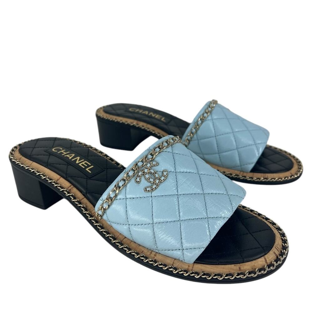 CHANEL Light Blue Quilted Leather Slide Sandals with Gold CC Chain